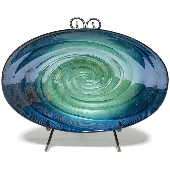 Blue Green Handblown Serving Bowl Glass Art Oval Shaped 13x8.5x3 - Picture 1 of 10